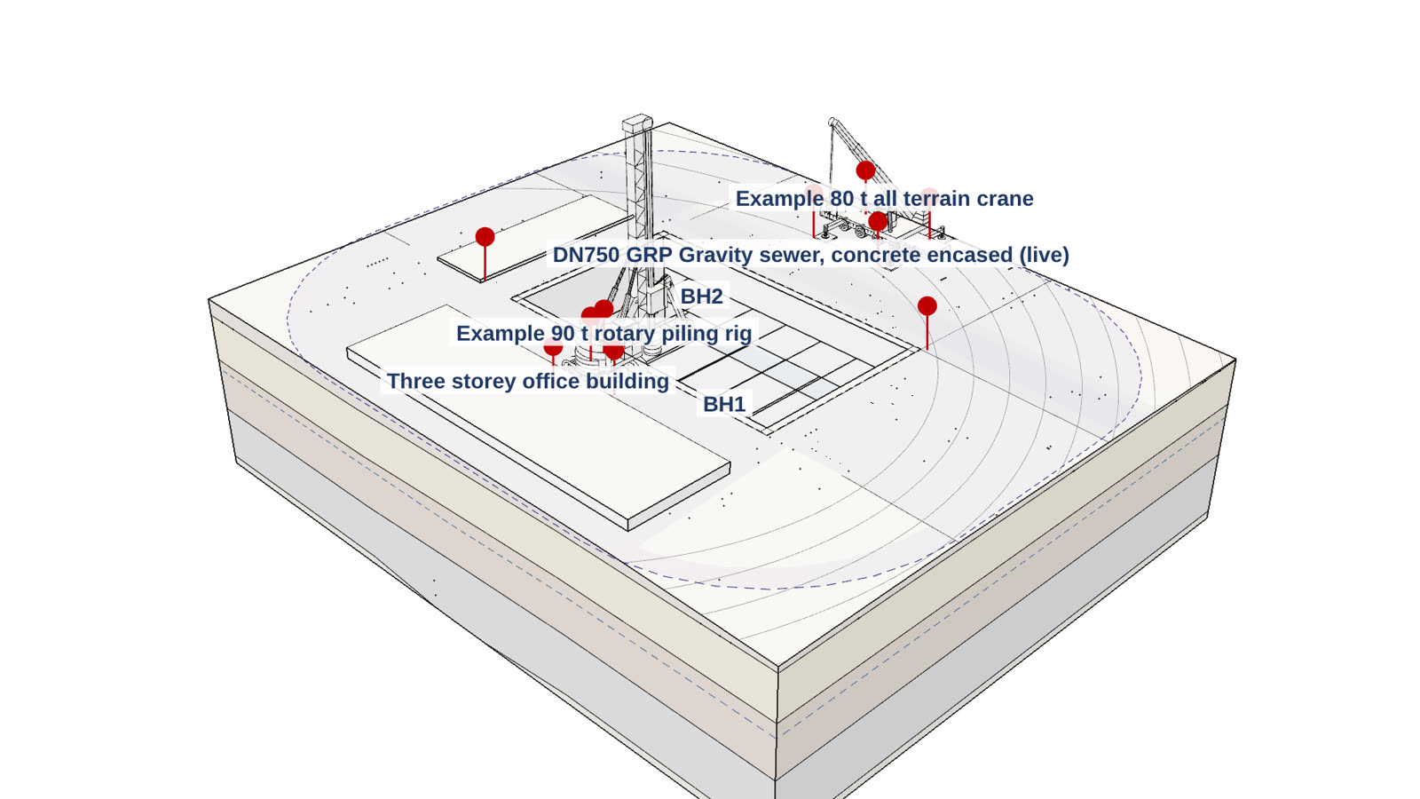 The same basement drawn in the Drafting style, white solids with black edges and the ground layers tinted pale
