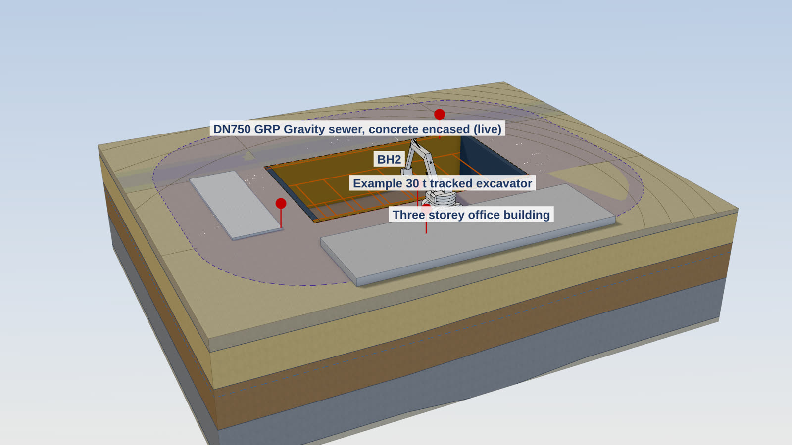 The basement part way through its stages, the dig of the stage tinted amber