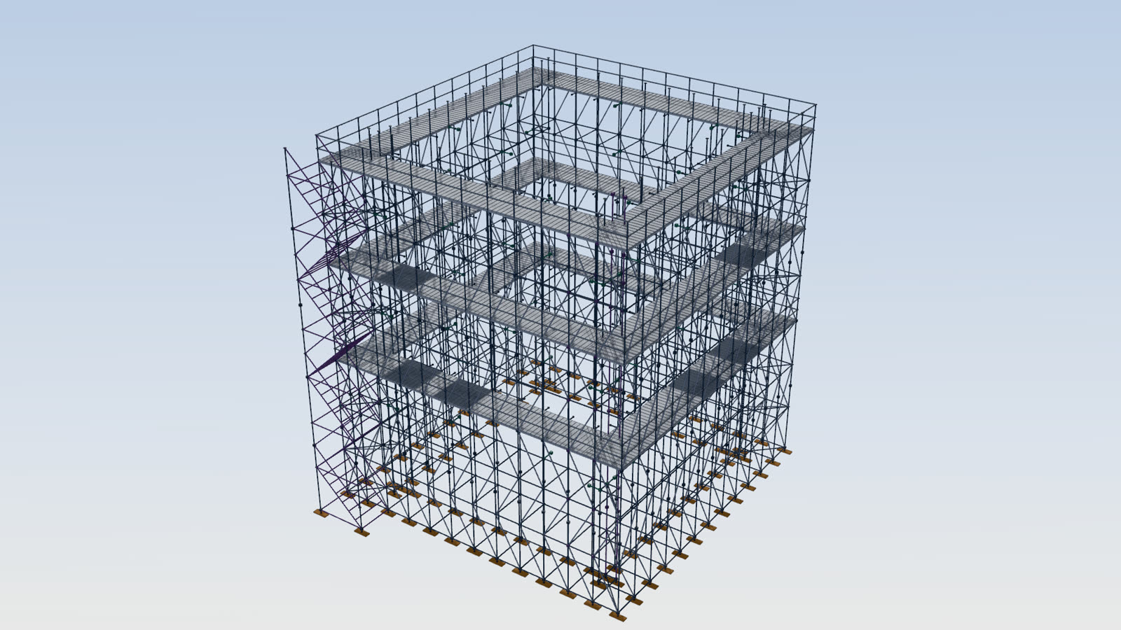 A perimeter scaffold rising around a structure, with its standards, ledgers, braces, decks and ties