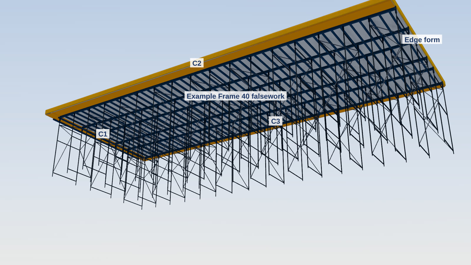 A suspended slab on frame towers laid out from the system entered, over a falling hardstand
